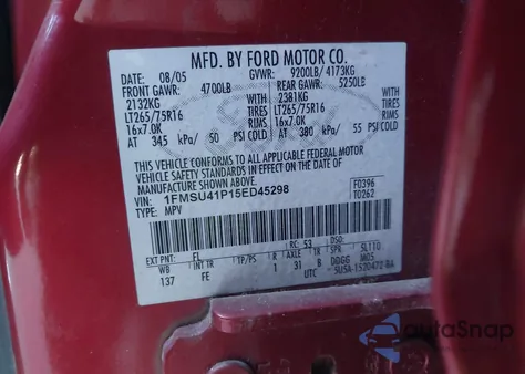 2005 Ford Excursion Xls/Xlt из США, поврежденный, VIN 1FMSU41P15ED45298